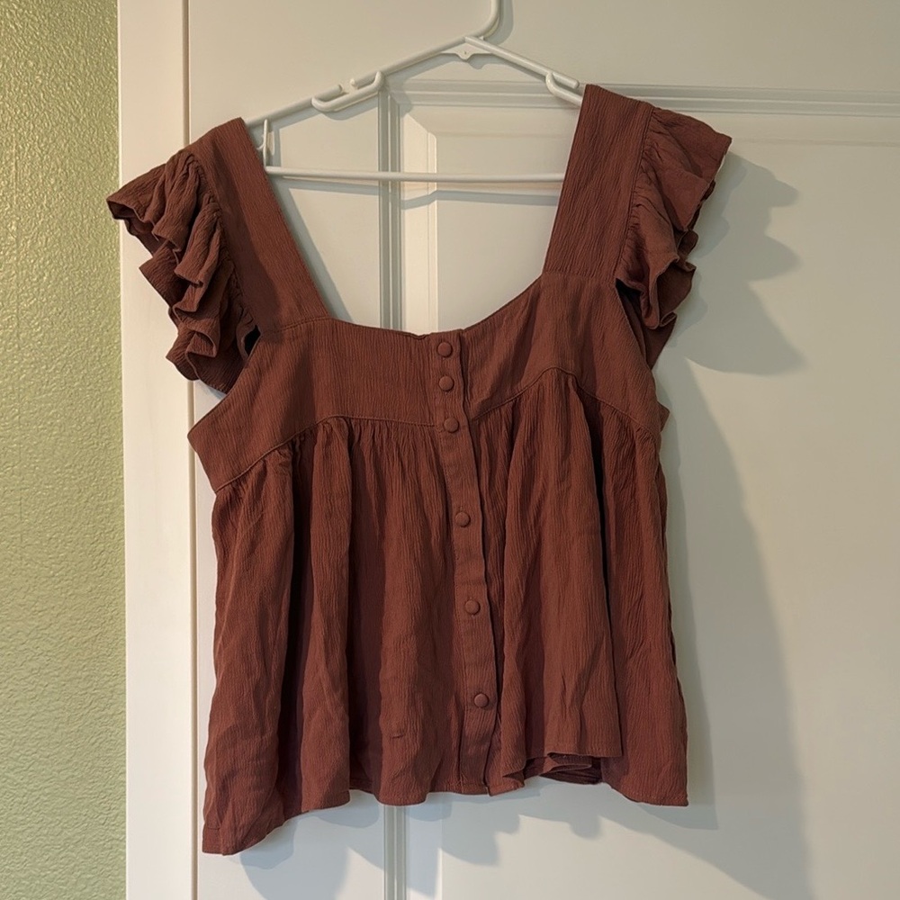 Ruffled Sleeve Button-Front Women's Top in Rust